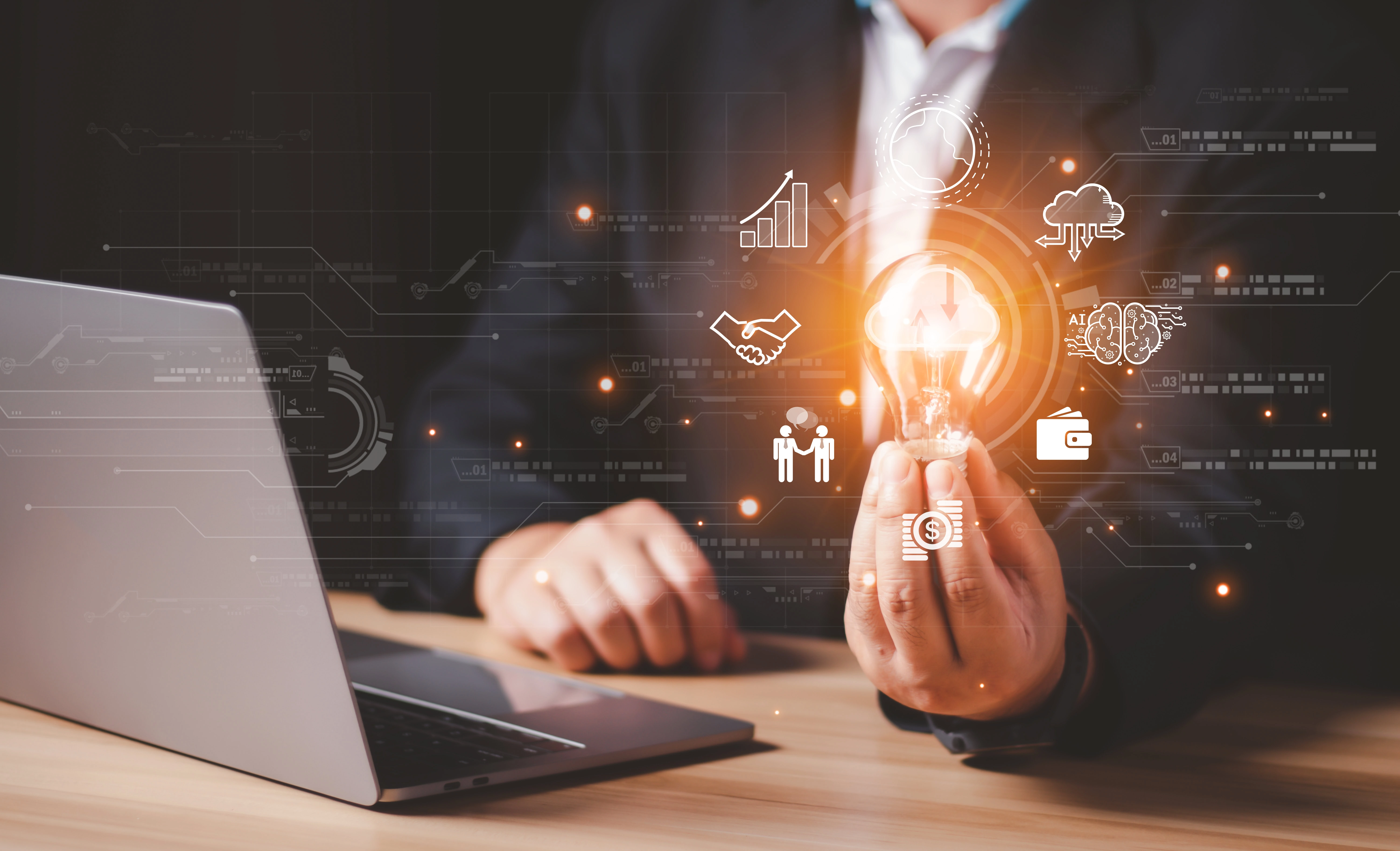 แนวคิดนวัตกรรมดิจิทัล — หลอดไฟและเครือข่ายข้อมูล